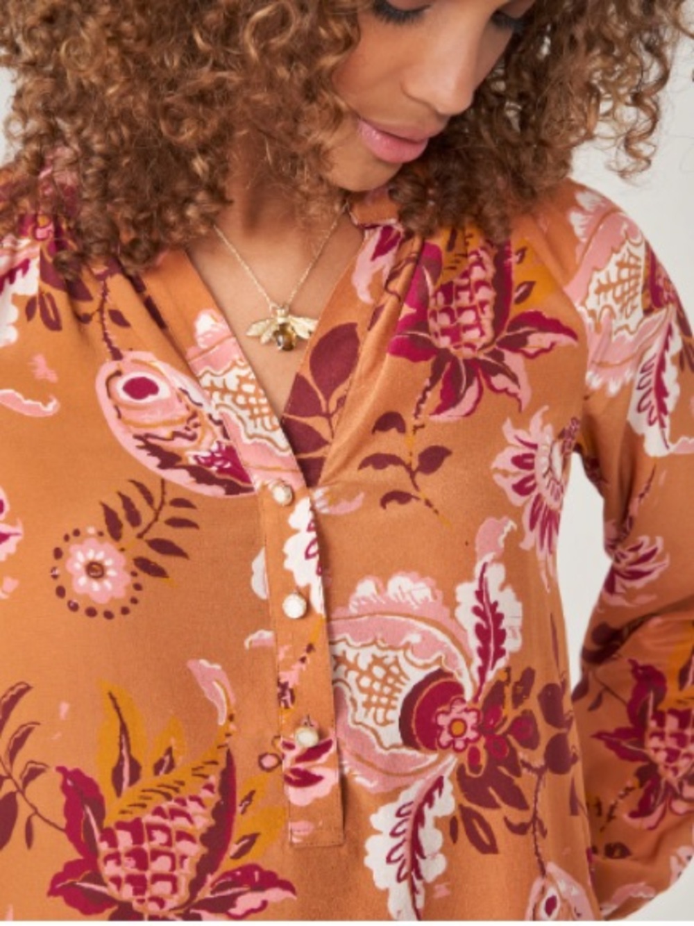 Spartina 449 Floral Split-Neck Blouse in Rust and Pink